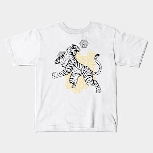 Retro Black & Gold Tiger on the Attack // Vintage Geometric Shapes Background Kids T-Shirt